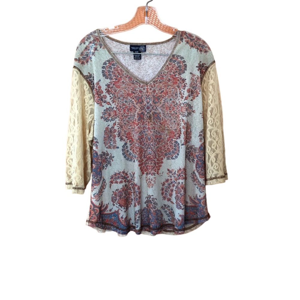 Y2K BOHEMIAN  WOMEN SHIRT LACED SLEEVES V NECK Sz 18/20 HIPPIE INDIE